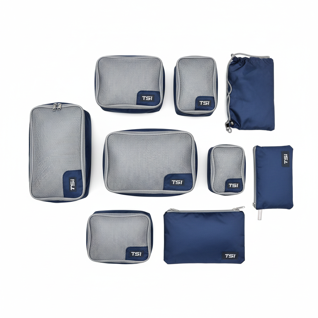 TSI 5-piece travel packing cubes set with shoe bag and toiletry pouch laid out on white background