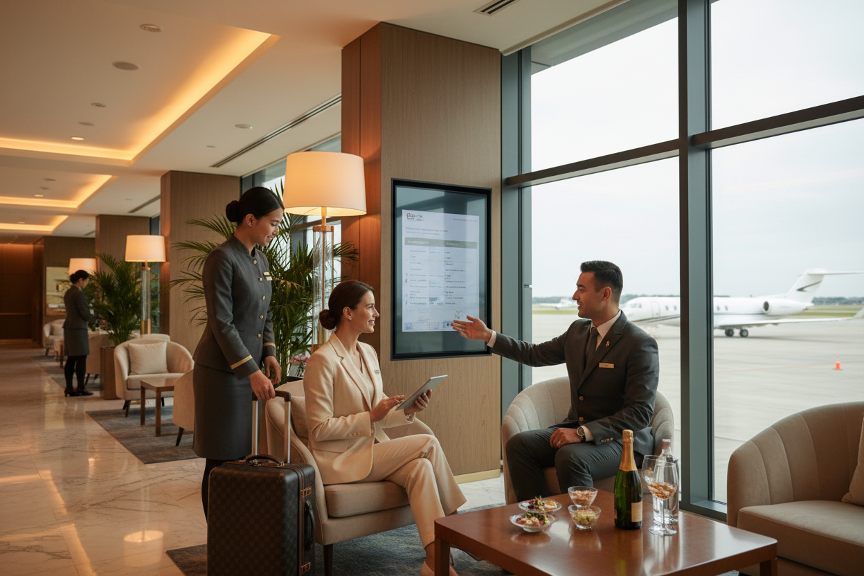 Businessperson in an upscale airport lounge being assisted by a travel concierge, soft warm lighting, professional and aspirational lifestyle photo