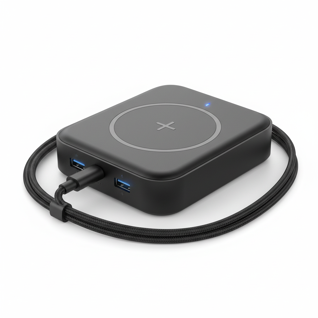 4-in-1 portable GaN charging hub in matte black showing USB-C ports and wireless charging pad, flat lay on white background