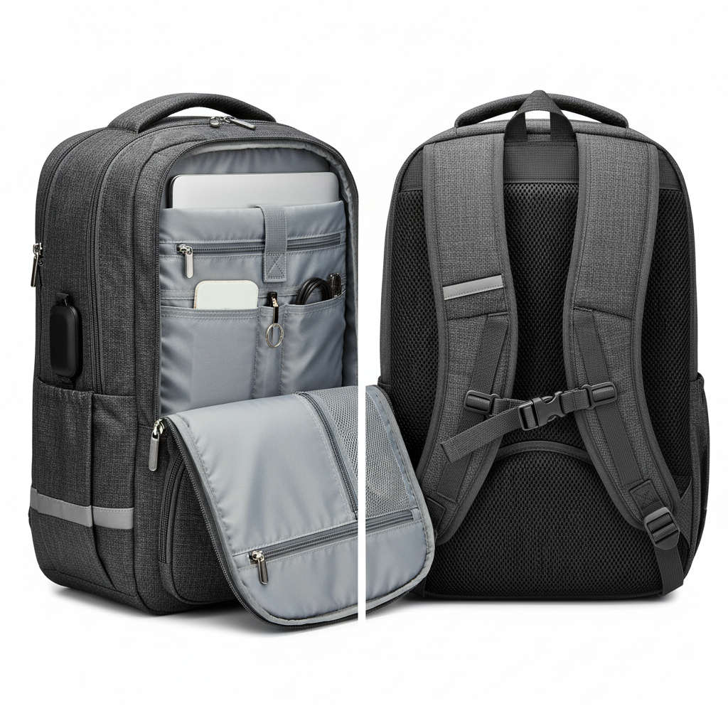 Dark charcoal gray anti-theft travel backpack 15.6 inch showing front and back with USB port visible on side, white background e-commerce photo