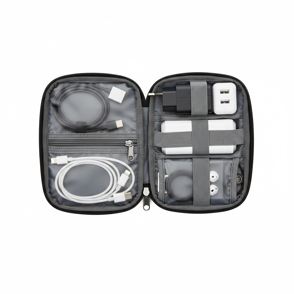 Travel organizer bag open showing mesh pockets and elastic loops with USB cables and adapters, flat lay top-down view on white background