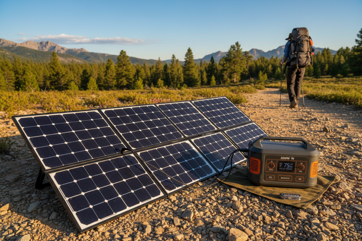 200W foldable solar panel unfolded showing solar cells paired with 500Wh portable power station on a hiking trail, adventure lifestyle photo
