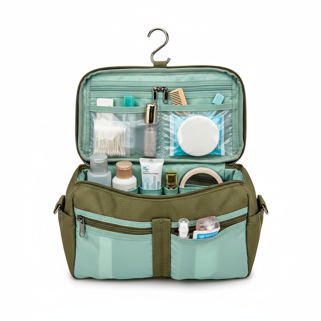 Olive green travel toiletry bag open showing multiple compartments and hanging hook, flat lay on white background