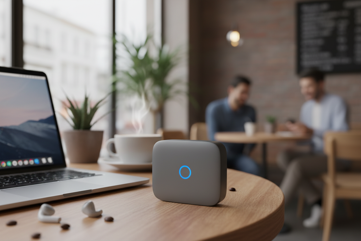 Slate gray 5G pocket Wi-Fi router with glowing LED indicator next to a laptop in a coffee shop setting, lifestyle product photo