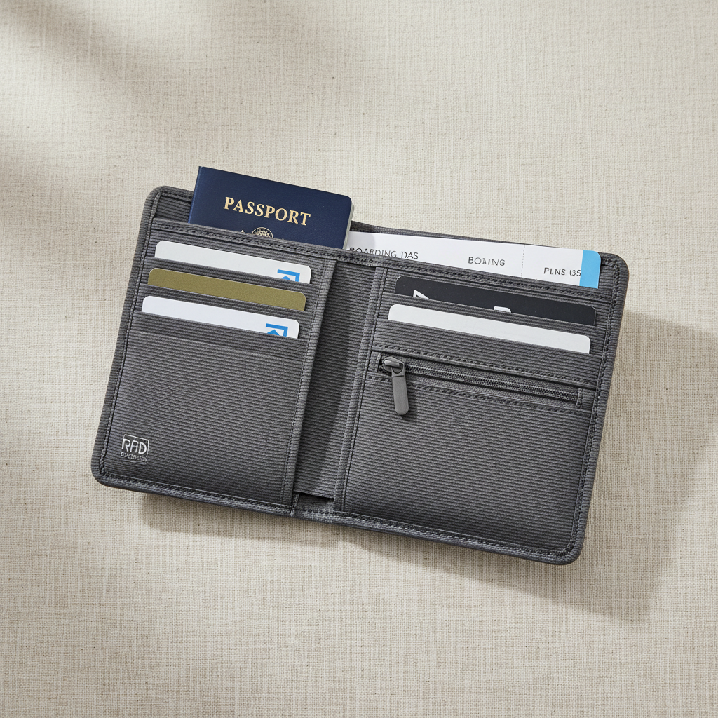 Travel document organizer wallet open showing passport and card compartments, flat lay on neutral background