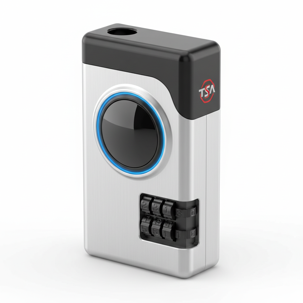 TSA-approved smart luggage lock with fingerprint sensor and combination dial, aluminum body in silver and black, close-up on white background