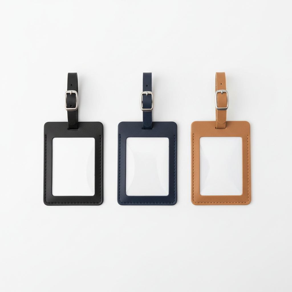 Luggage Tags Set of 3 – faux leather in black, navy, and tan with clear ID window, flat lay on white background