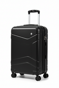 Smart hardshell 20-inch carry-on luggage in matte black with built-in digital scale LED display in handle and spinner wheels on white background