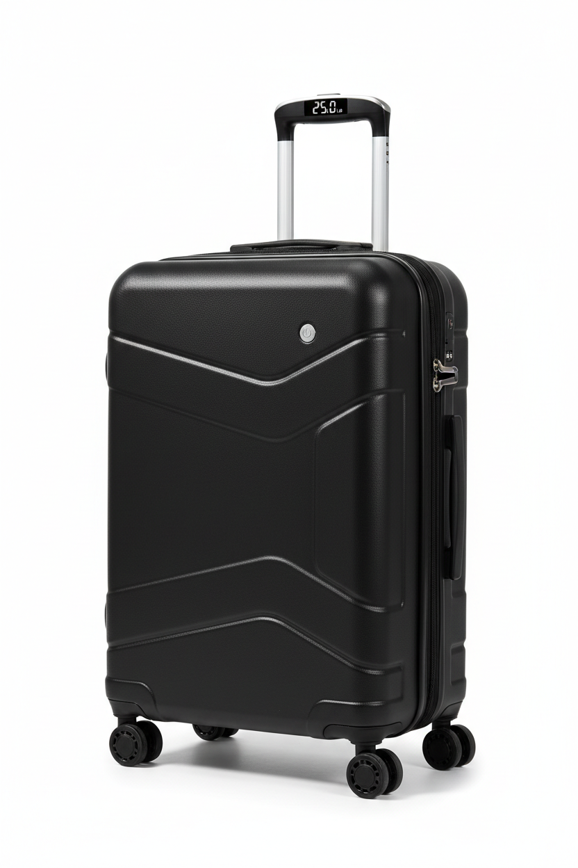 Smart hardshell 20-inch carry-on luggage in matte black with built-in digital scale LED display in handle and spinner wheels on white background